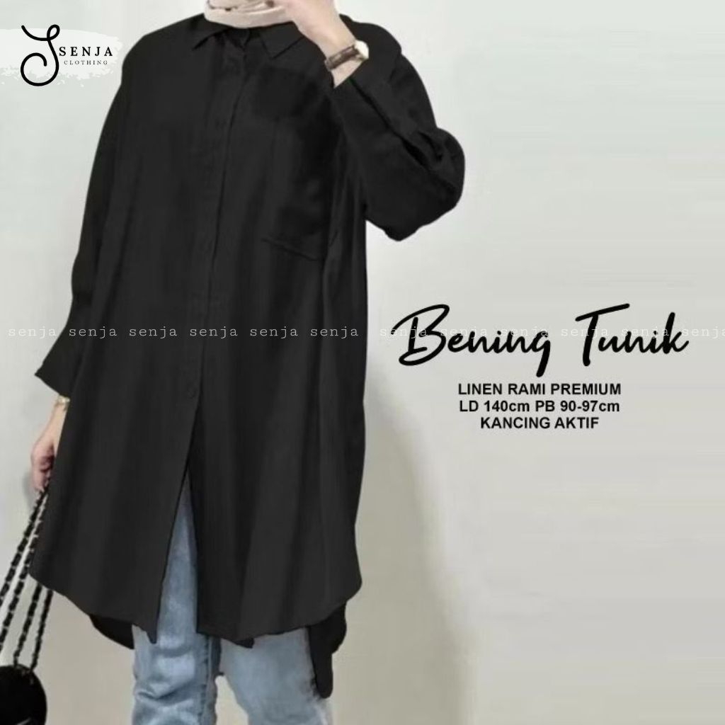 Bening Tunik Wanita Linen Premium Polos Jumbo LD 140 Kancing Depan Aktif | Tunik Oversize Kekinian
