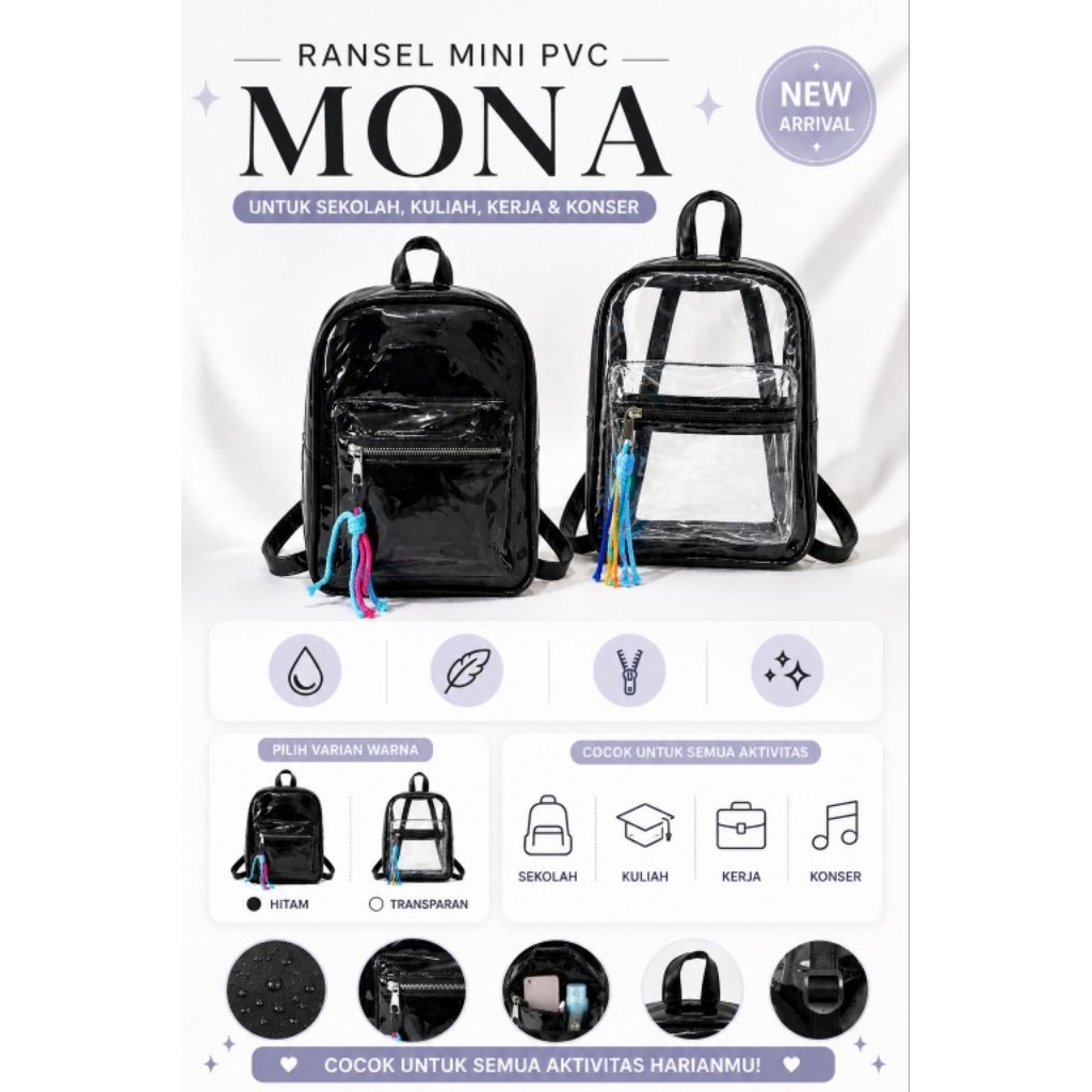 Tas Ransel Mini Mona Wanita Transparant Tas Gendong Mika Korean Style Tas Konser Lucu