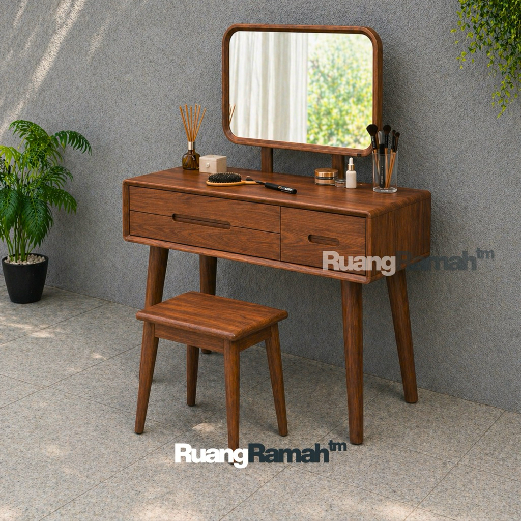 Meja Rias Minimalis Jati | Meja Rias Aesthetic Kayu | Meja Tolet Modern Japandi | Set Meja Rias + St
