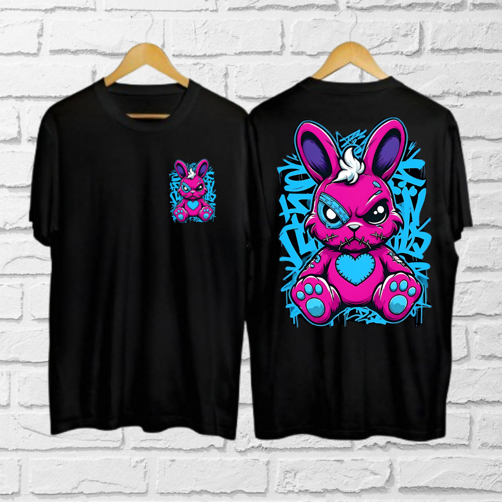 Baju Kaos Distro Motif Kelinci Pink / Atasan Cowok Lengan Pendek Terkini / Kaos Cowok Terbaru