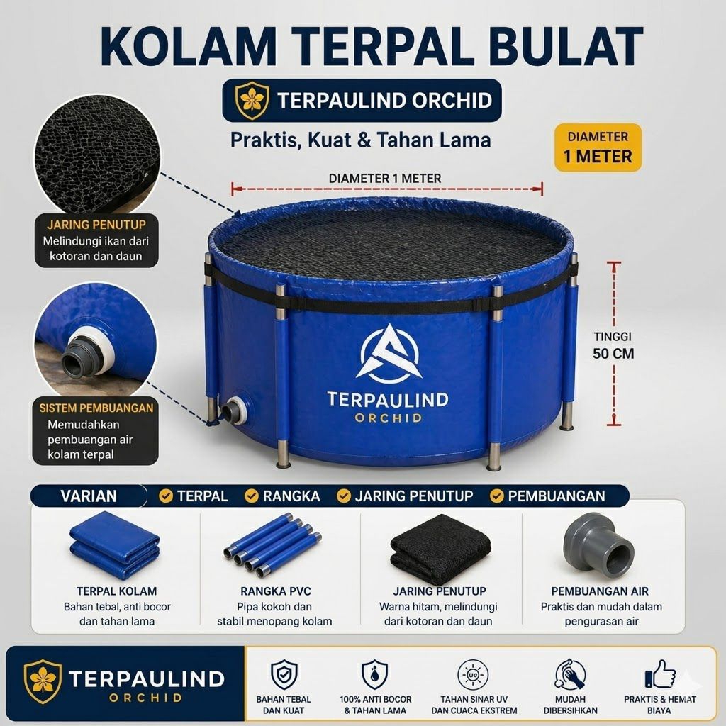 Kolam terpal bulat Diameter 1M tinggi 50Cm full set untuk ikan lele koi hias merk orchid