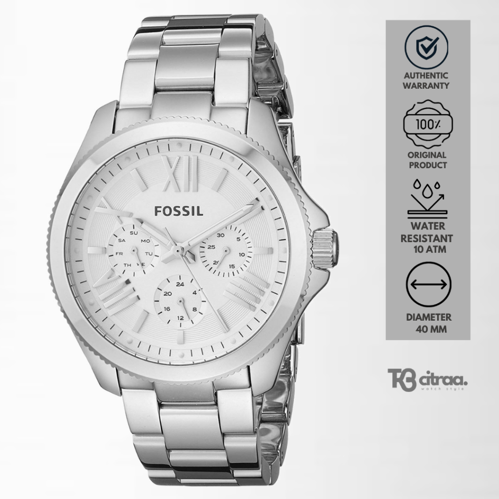 Jam Tangan Wanita Fossil Cecile Chronograph Silver Stainless Steel Mewah Casual Original AM4509