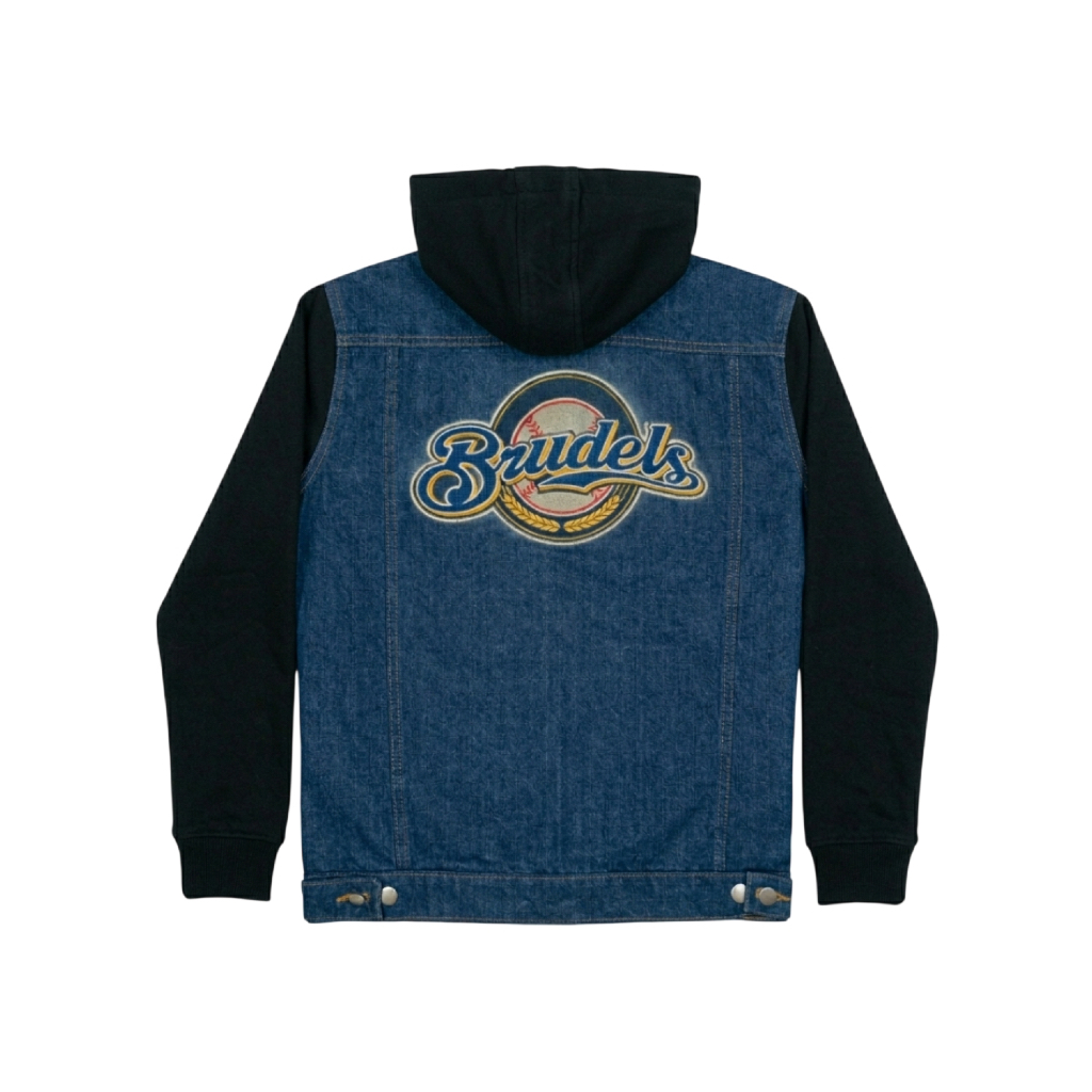 Prudels Jaket Denim Hoodie Pria - Jaket Jeans Lengan Hitam Fleece - Hoodie Denim Baseball Distro Ori
