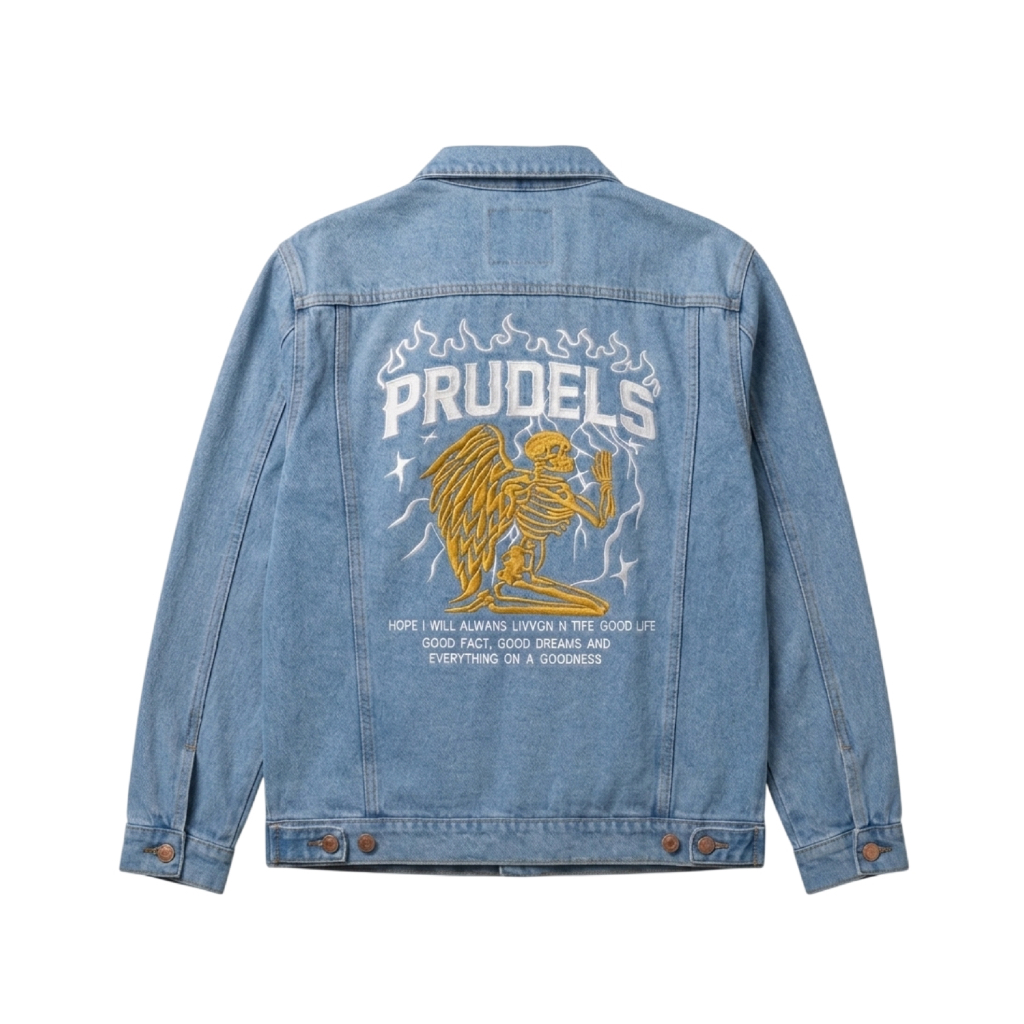 Prudels Jaket Denim Pria Blue Wash - Jaket Jeans Distro Grafis Skeleton Angel - Streetwear Oversize 