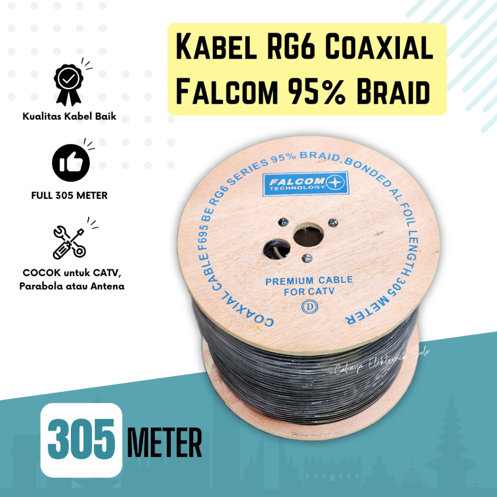 Kabel Coaxial RG6-F695BE Falcom RG 6 95 Persen 305 meter untuk CATV Kabel TV Jaringan