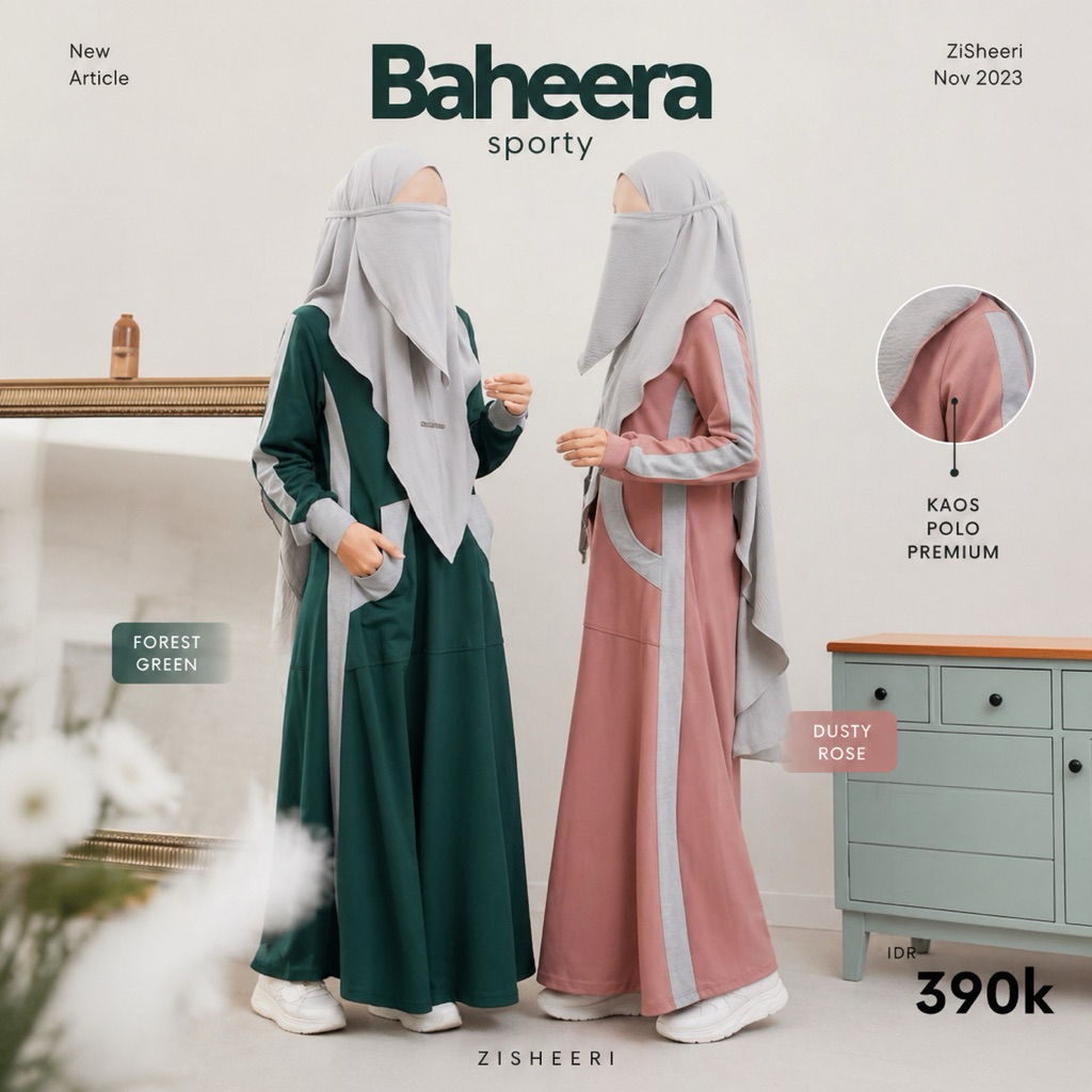 ZISHEERI GAMIS BAHEERA DUSTY ROSE & FOREST GREEN Gamis Sporty