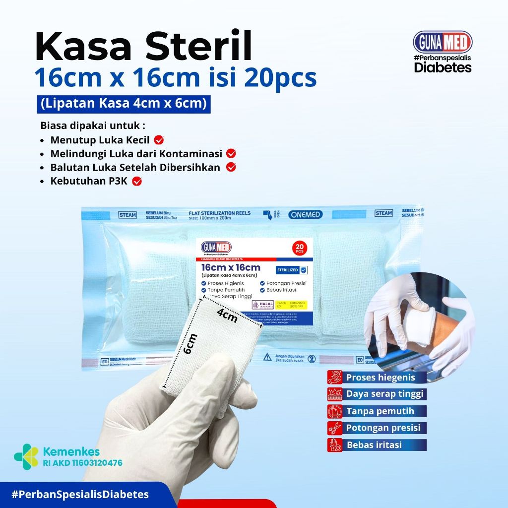 KASA STERIL GUNAMED / KASA 16CM X 16CM ISI 20 PCS / LIPATAN KASA 4CM X 6CM