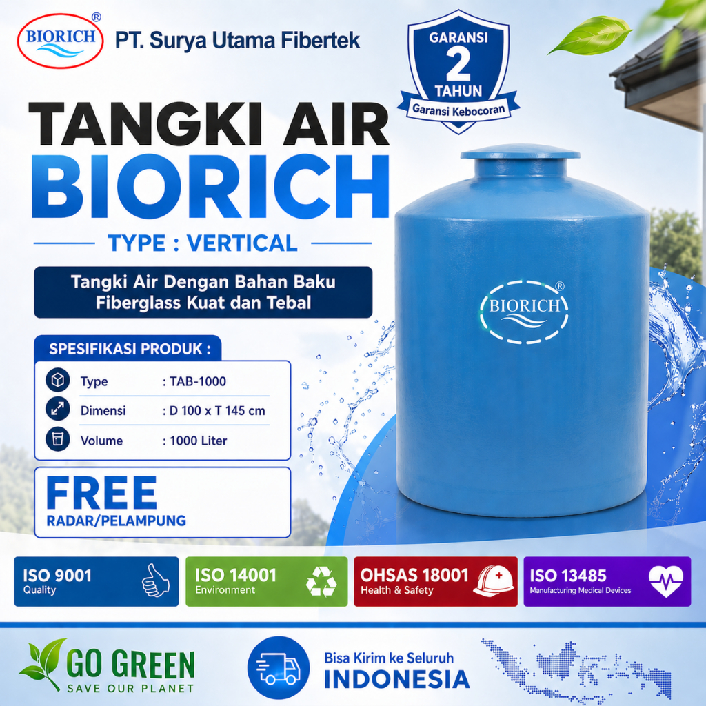 Tangki Air Fiberglass FRP BIORICH / Tangki Air Volume 1000 Liter/ tandon air TAB-1000/ tangki air 10