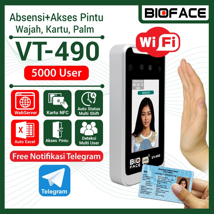 BIOFINGER VT-490 Fingerprint Free Notif Telegram Absensi Wajah Palm Kartu NFC WiFi LAN Auto Excel 3 