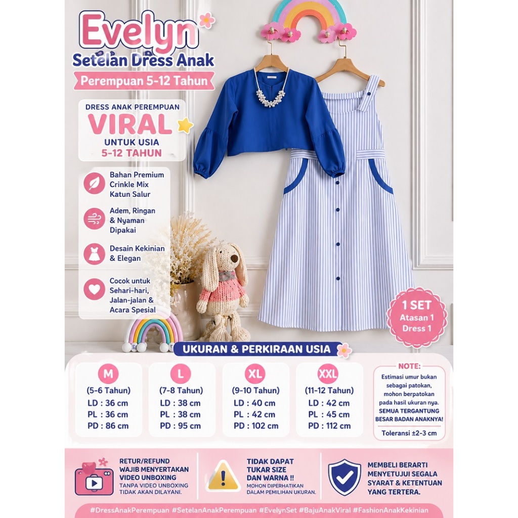 Evelyn set kids crinckle combi katun salur-setelan dress anak prempuan 3-12thn terbaru 2026