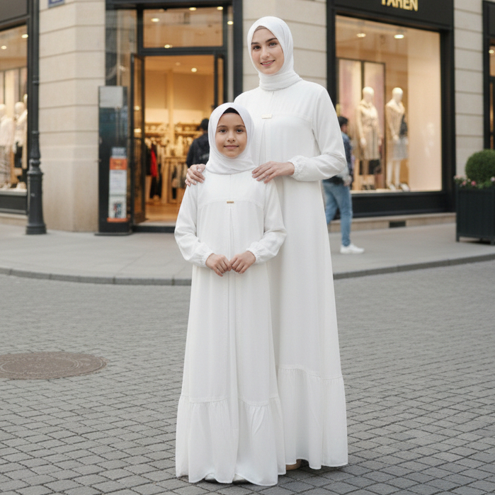 Mustika colections Gamis Abaya Hana Couple Ibu Dan Anak Perempuan Putih Terbaru Cocok Jalan & Acara 