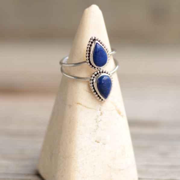 Cincin Perak 925 Lapis Lazuli Asli Double Teardrop September Birthstone - Frieda Moon