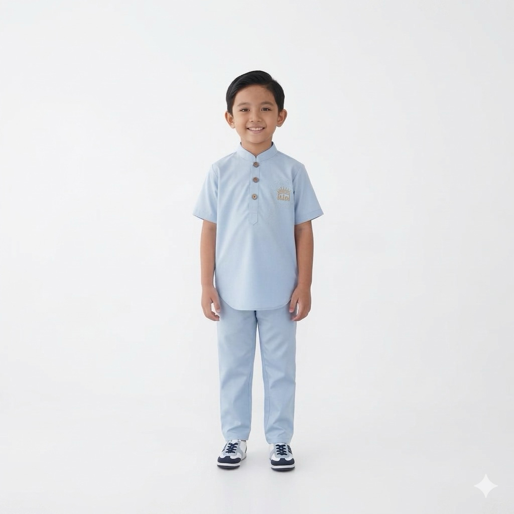 Setelan Baju Koko Kurta Anak Biru Langit Premium Lengan Pendek | Baju Muslim Polos Bordir Saku | Ker