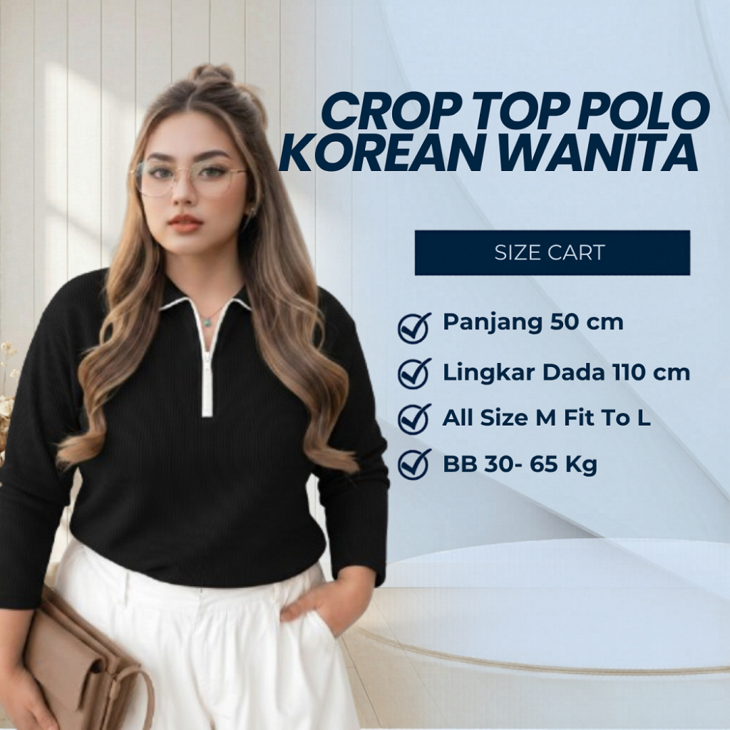 Crop Top Wanita Knit Lengan Panjang Kerah Resleting Japan Knit Premium