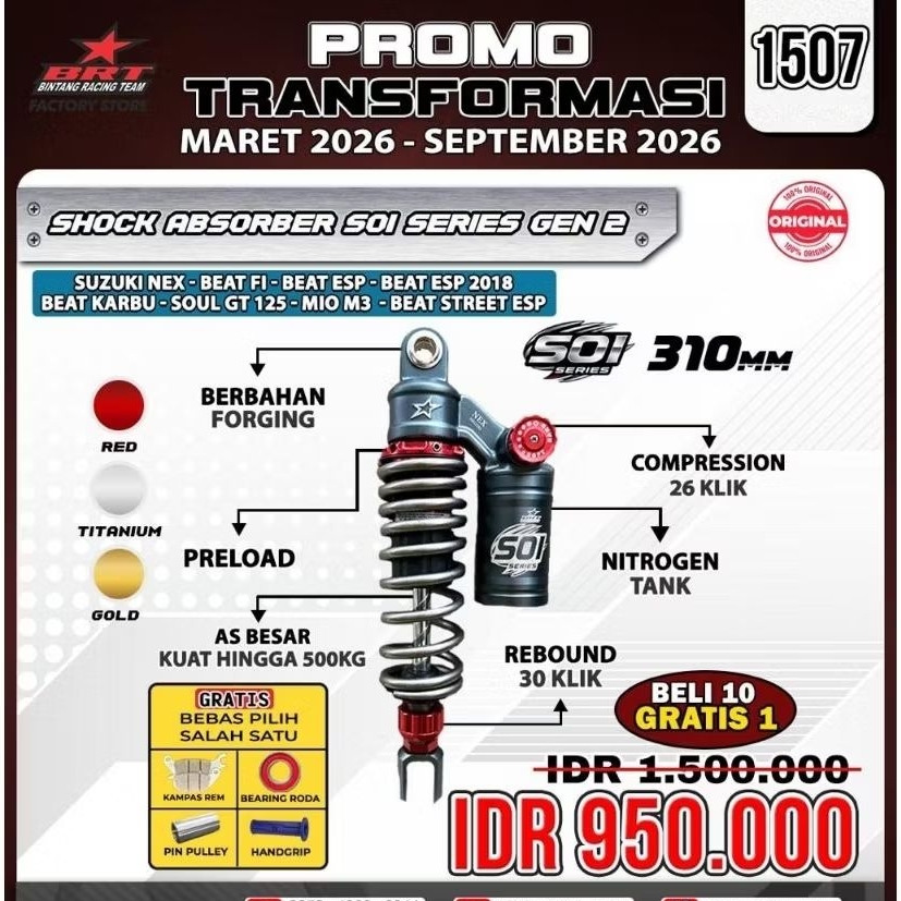 SHOCK ABSORBER SOI SERIES GEN 2 SUZUKI NEWBEAT FI
BEAT ESP
BEAT ESP 2018
BEAT KARBU
SOUL GT 125
MIO 
