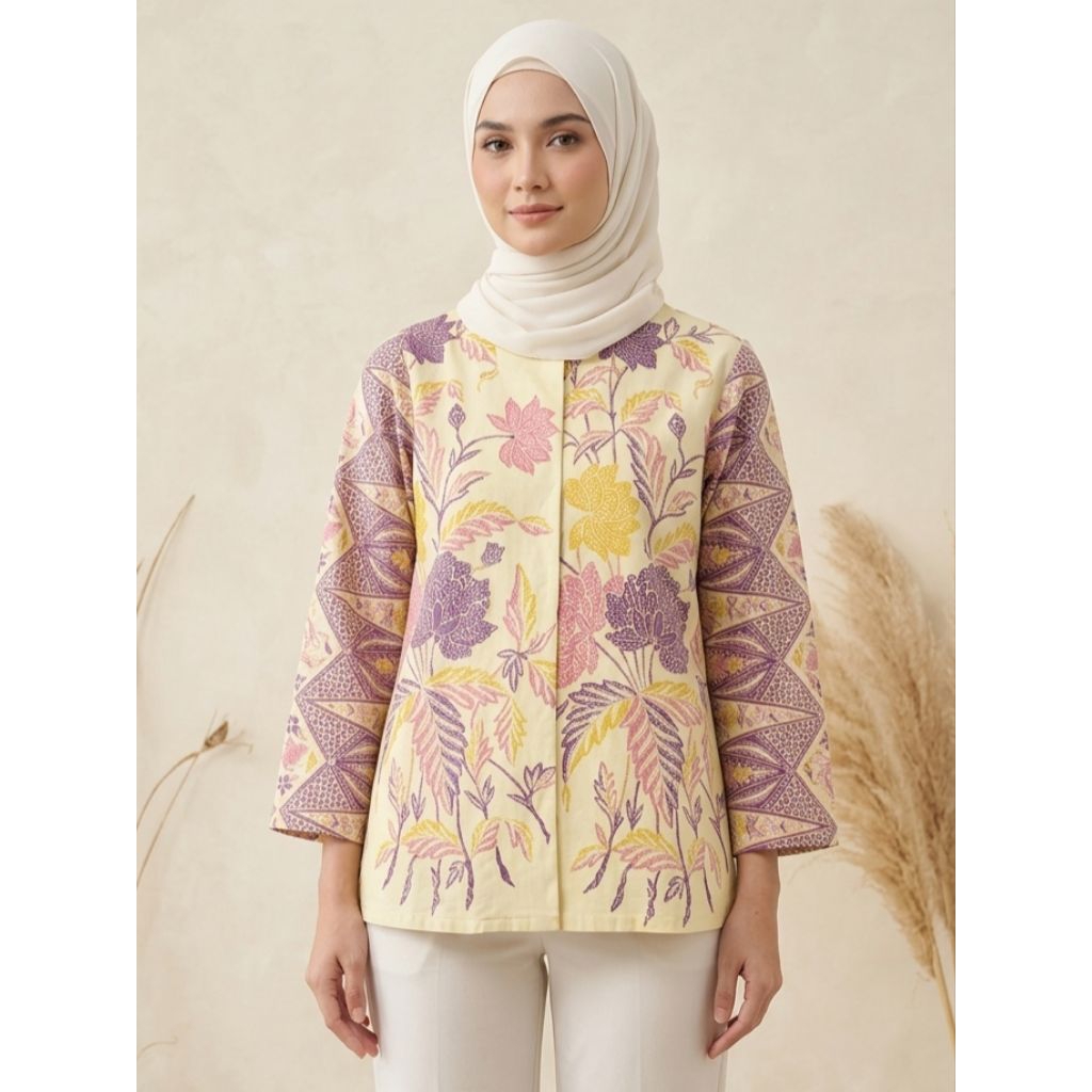blouse batik wanita kancing depan warna pastel ungu lilac