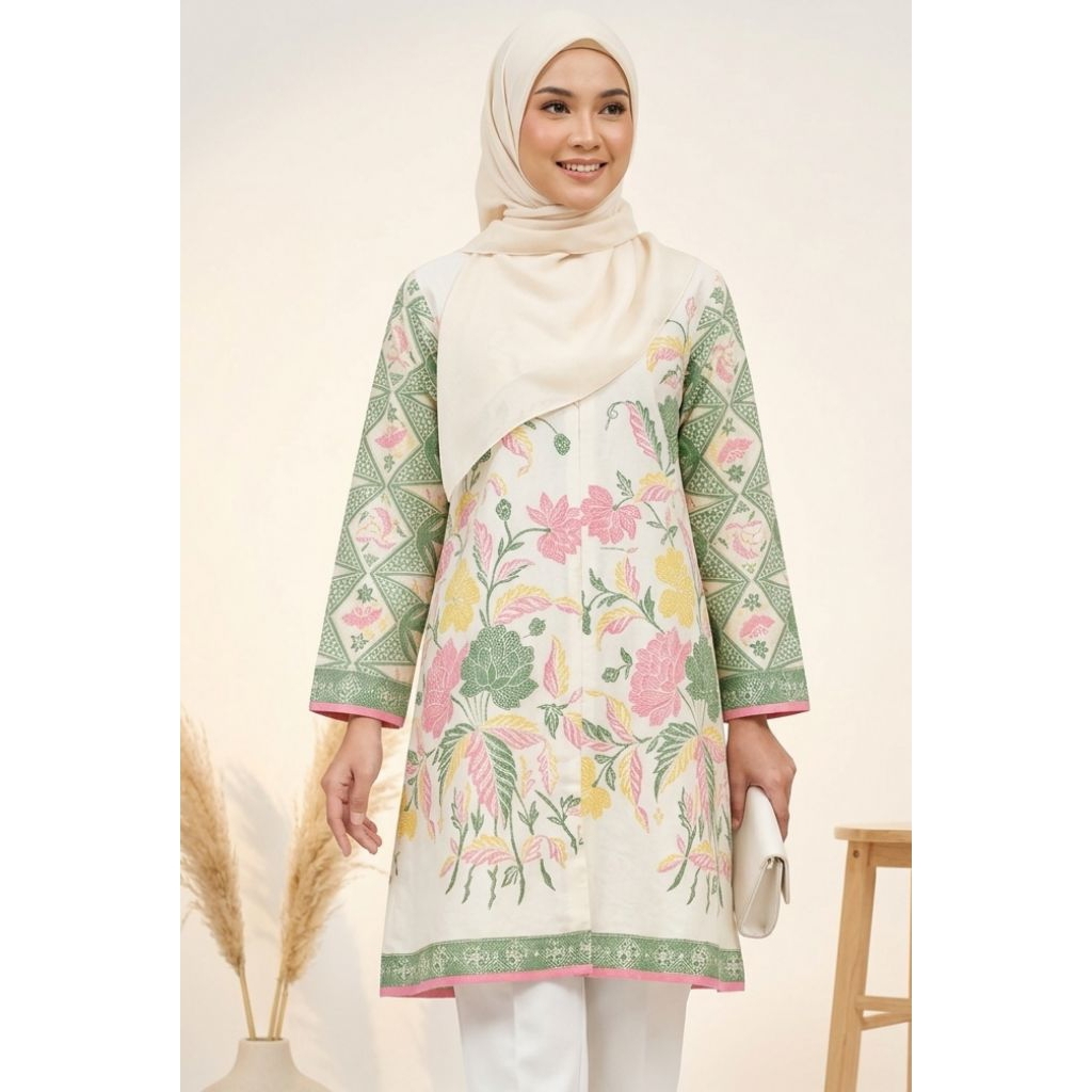 baju batik tunik resleting motif encim warna putih
