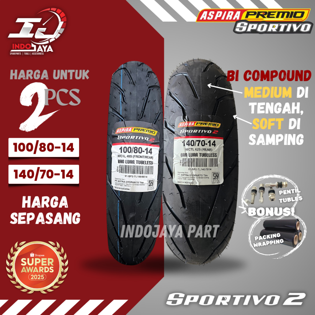 [HARGA MURAH SEPASANG] BAN LUAR ASPIRA PREMIO SPORTIVO 2 (100/80-14 & 140/70-14) BAN LUAR TUBELESS P