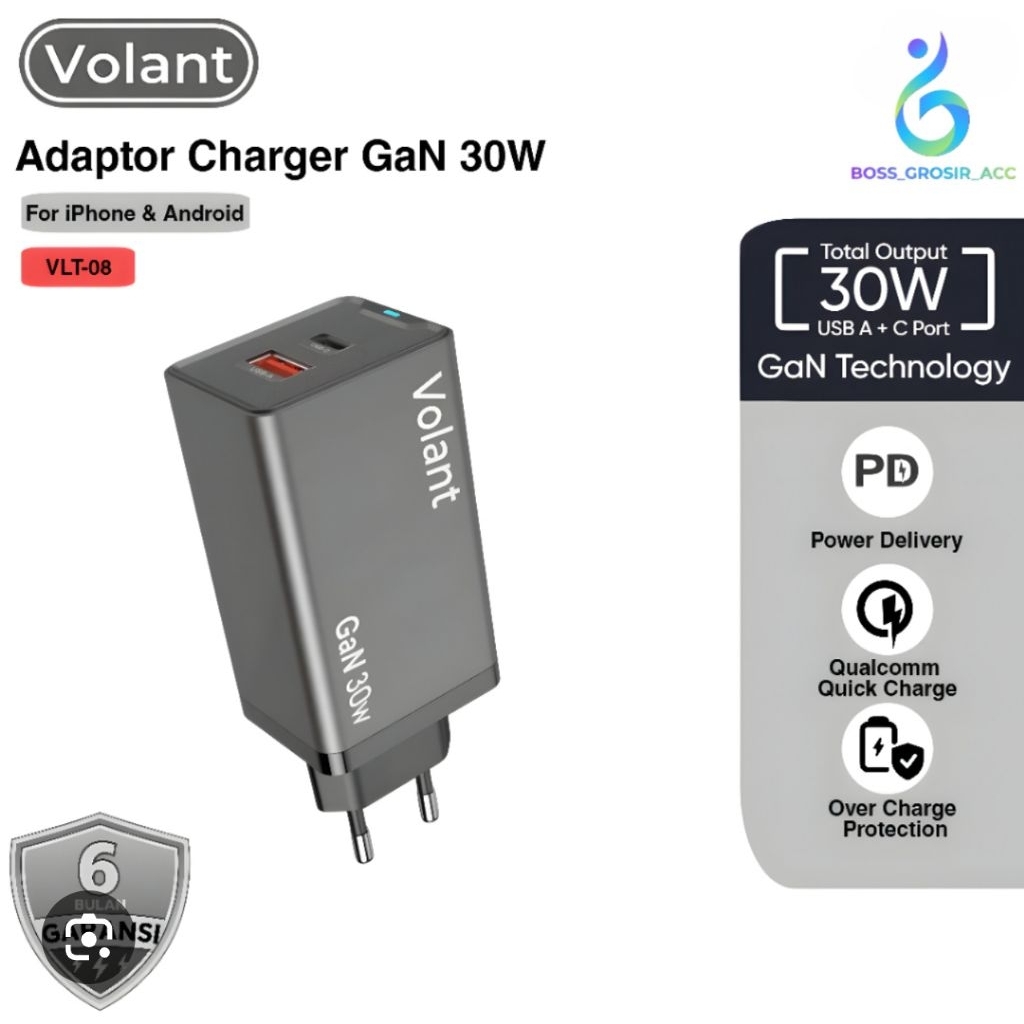 Batock Charger Volant Gan 30Watt Super Fast Charging Multifungsi Semua Hp Smartphone Android Apple