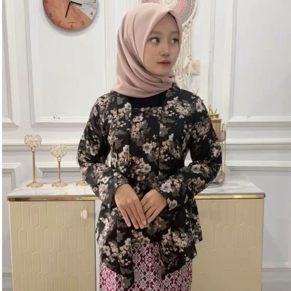 Kebaya Kutubaru Modern Jumputan Motif Bunga Bahan Katun Premium/Kebaya Kutubaru Jumputan Bahan Katun