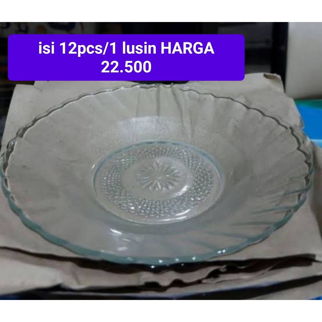 piring makan kaca bening tebal kuat 23cm isi 12pcs/1 lusin motif random