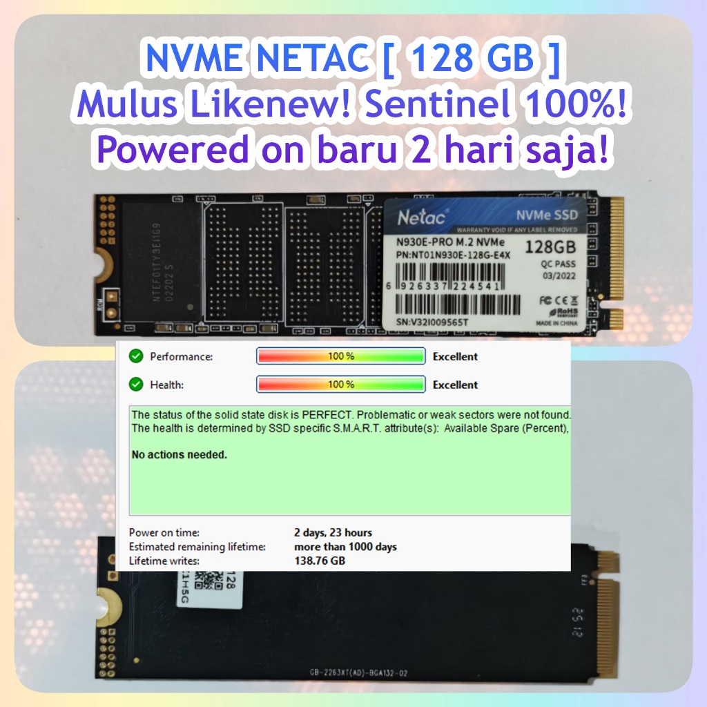 SSD M2 NVME 128GB Netac Sentinel 100% N930E-PRO 128 GB Second Bekas Murah SSD Bekas Second Seken Cop