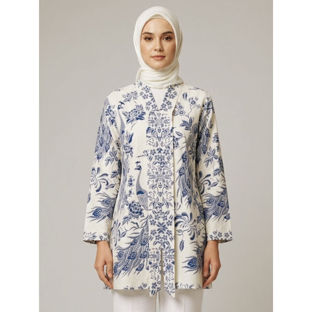 blouse batik premium motif burung merak warna putih biru