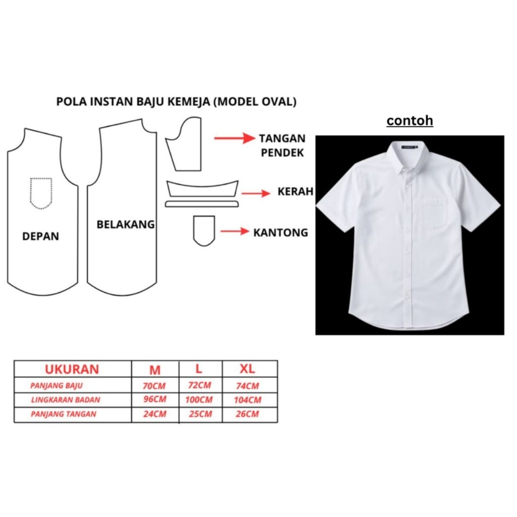 Pola instan baju kemeja model oval, pola baju kebutuhan menjahit