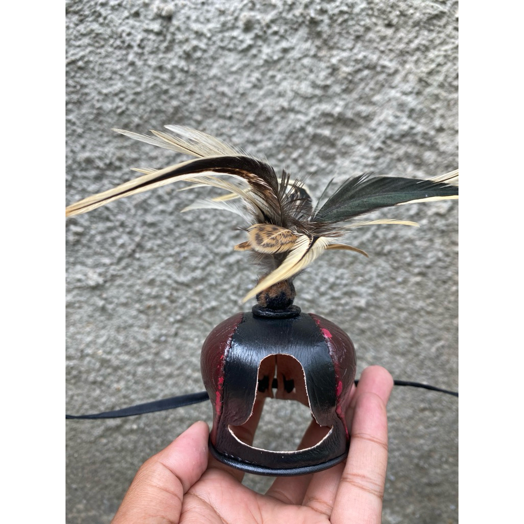 Hood Falconry/ Penutup Kepala Elang Dutch style motif batik coklat tua jambul bulu-bulu bisa custum.