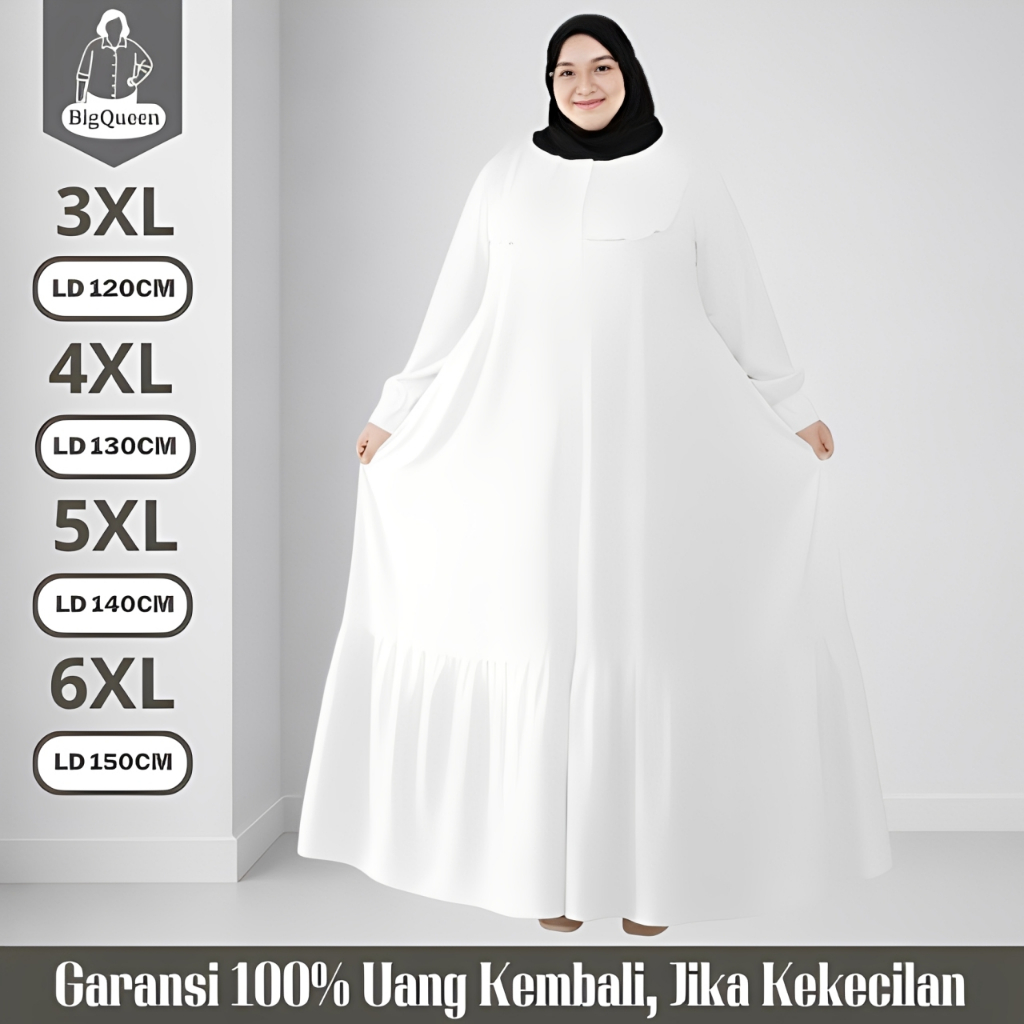 Gamis Dress Jumbo LD 120 130 140 150 Baju Lebaran Polos Premium Abaya Putih Mewah Elegan Terbaru