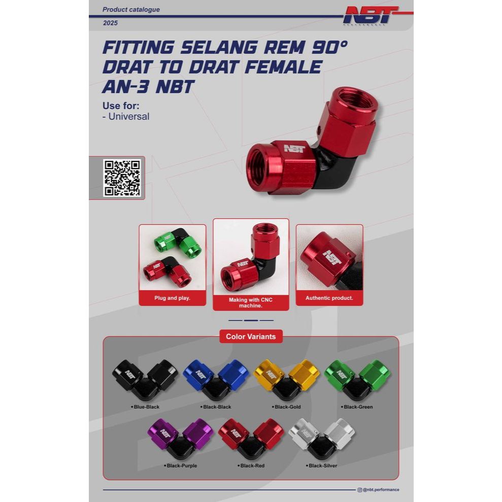Fitting Selang Rem 90° Drat to Drat Female AN-3 NBT | Sambungan Selang Rem Racing