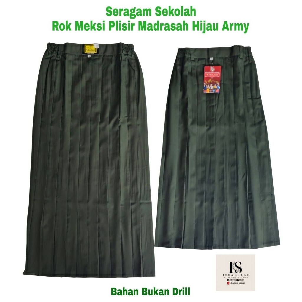 Seragam Sekolah Tiga Jaya Rok Meksi Plisir Panjang Hijau Army Madrasah MI