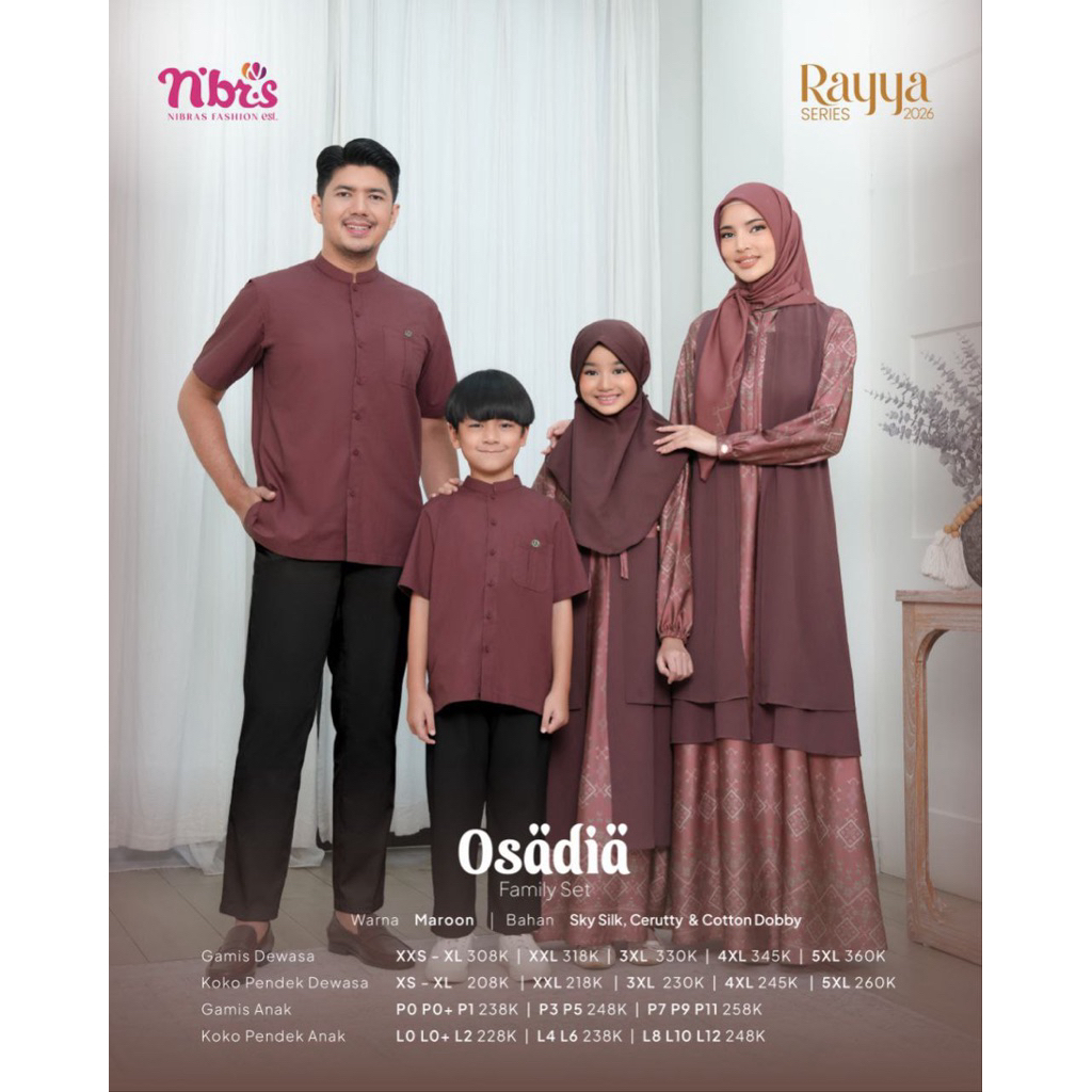 Nibras Osädiä Family Set Rayya Series 2026 Baju Muslim Keluarga Warna Maroon Elegan
