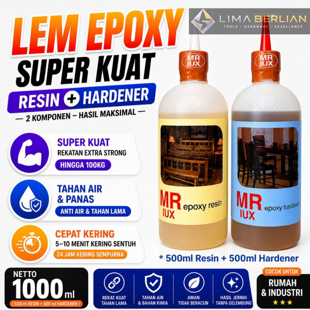 LEM EPOXY 2 KOMPONEN SUPER KUAT 1000ml (500ml Resin + 500ml Hardener) – Lem Besi Kayu Keramik Kaca T