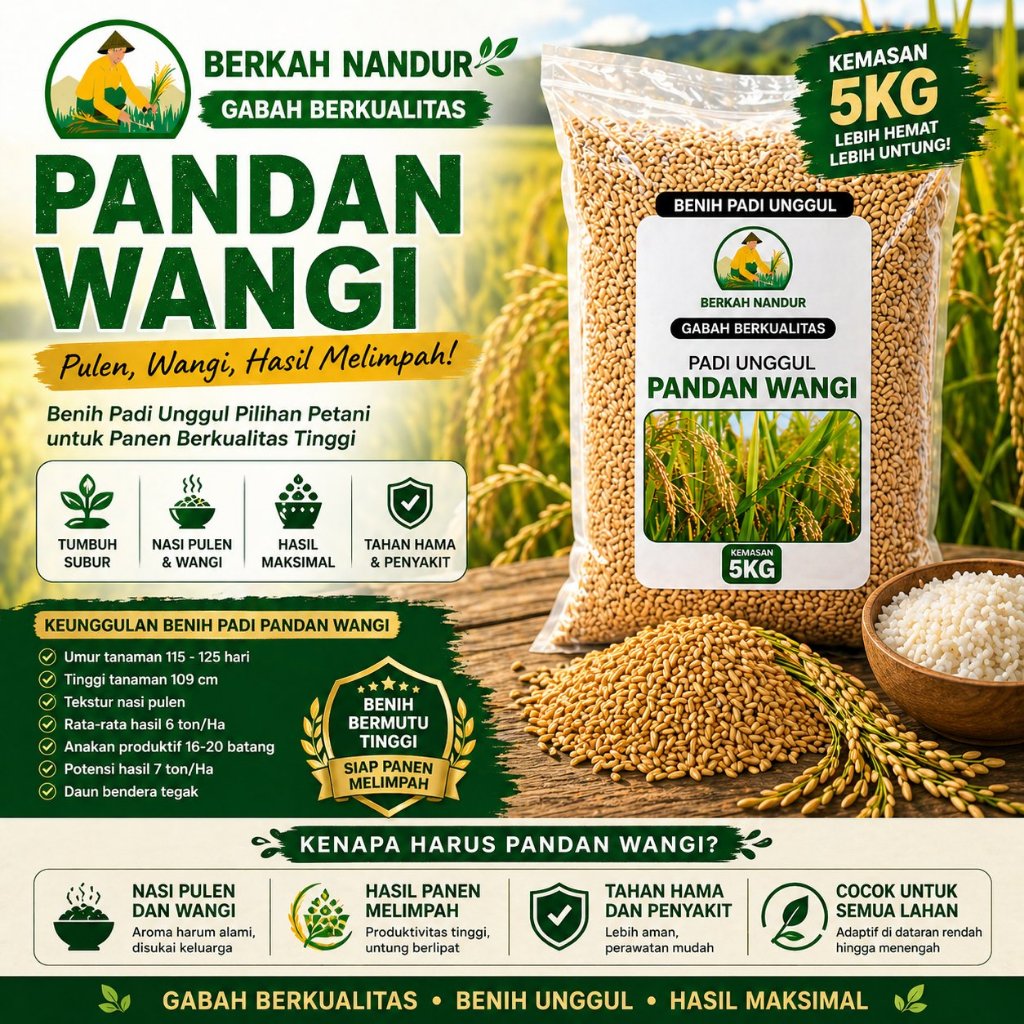 Bibit Padi Pandan Wangi Asli Benih Padi Wangi Pulen Super 5kg