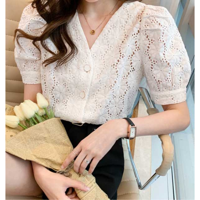 Blouse katun putih wanita korea import T8997
