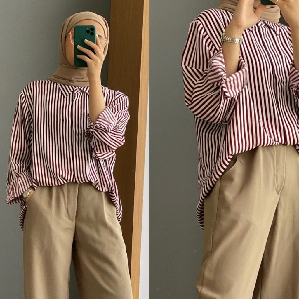 kemeja Oversize Wanita - Stripes Maroon | Daily Outfit | By Karomaa