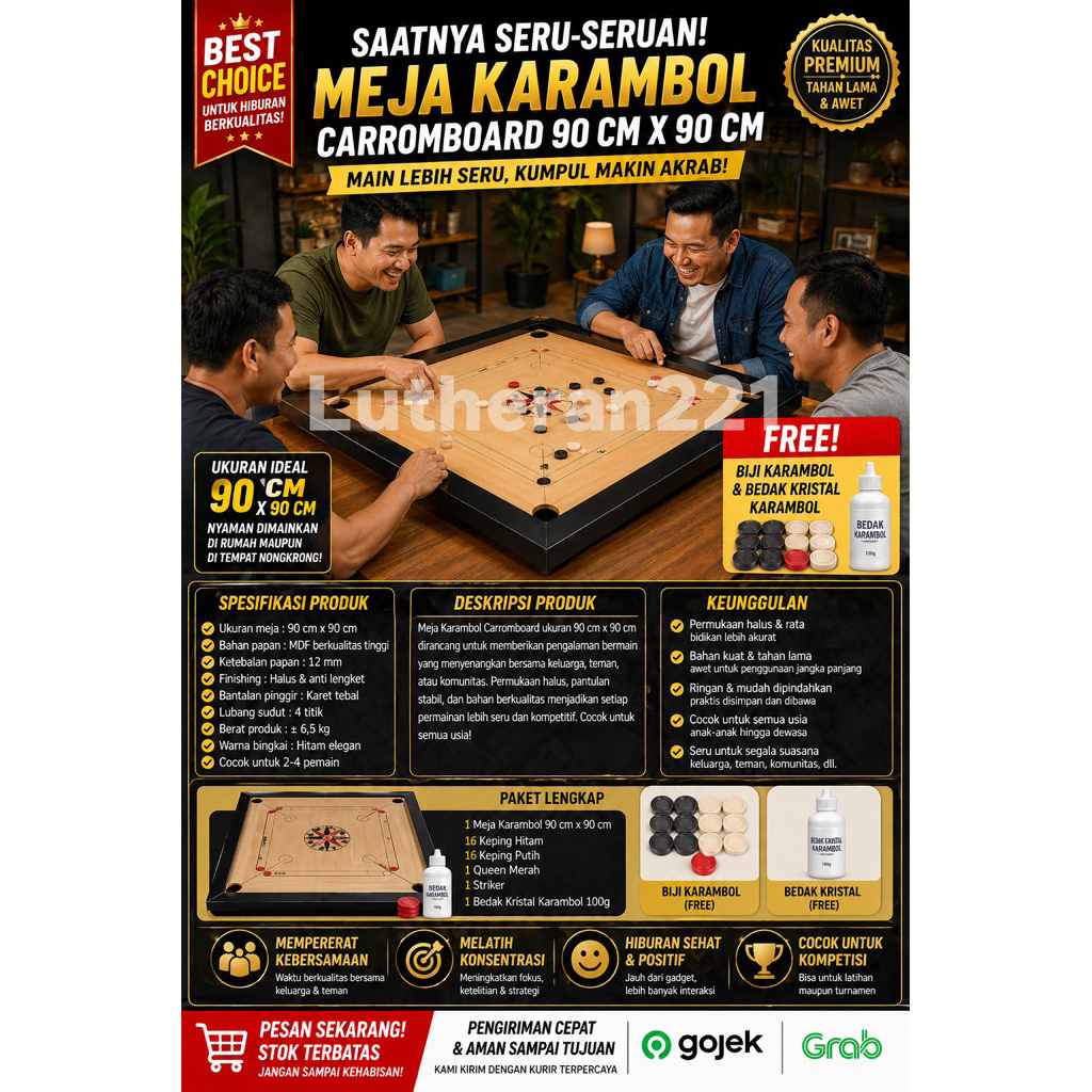Meja Karambol Carromboard 90x90 cm Kayu Premium + FREE Biji Karambol & Bedak Kristal | Carrom Board 