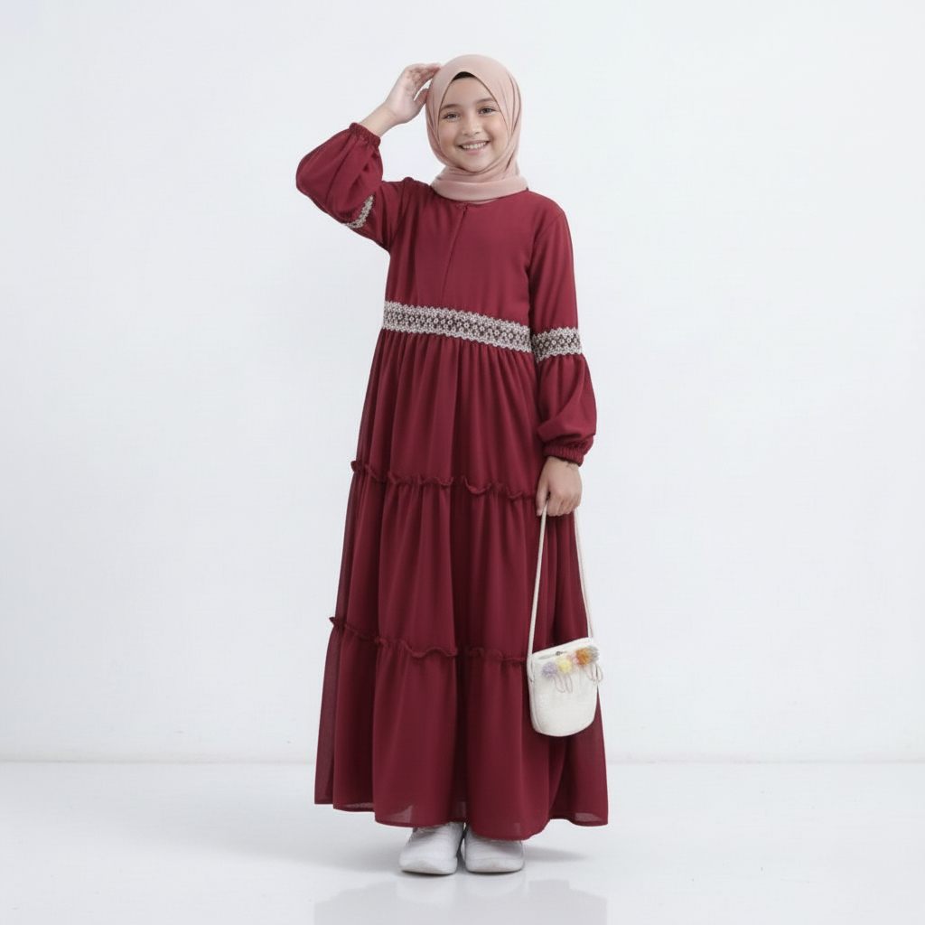 Mustika Colections Gamis Anak Perempuan Savira Dress  Anak warna Maroon Kombinasi Renda Terbaru Gami