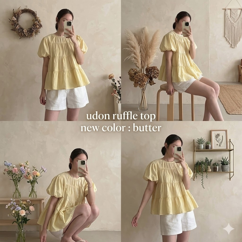 UDON Top Ruffle Wanita Korean Style -02 Atasan wanita blouse UDON Top ruffle lengan pendek