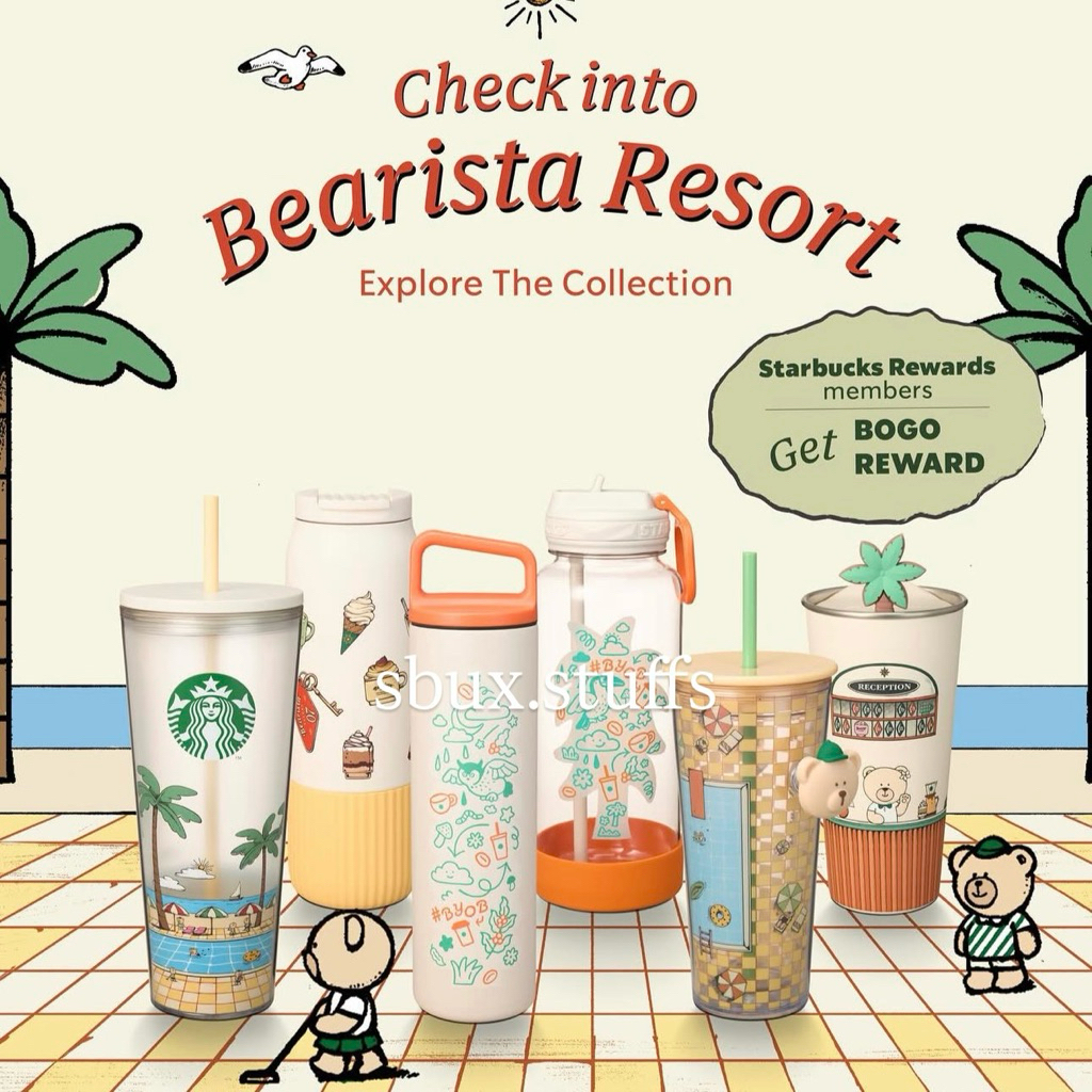 Original Starbucks Summer Check Into Bearista Resort Mini Neck Pillow Handy Fan Tumbler Mug Coffee W