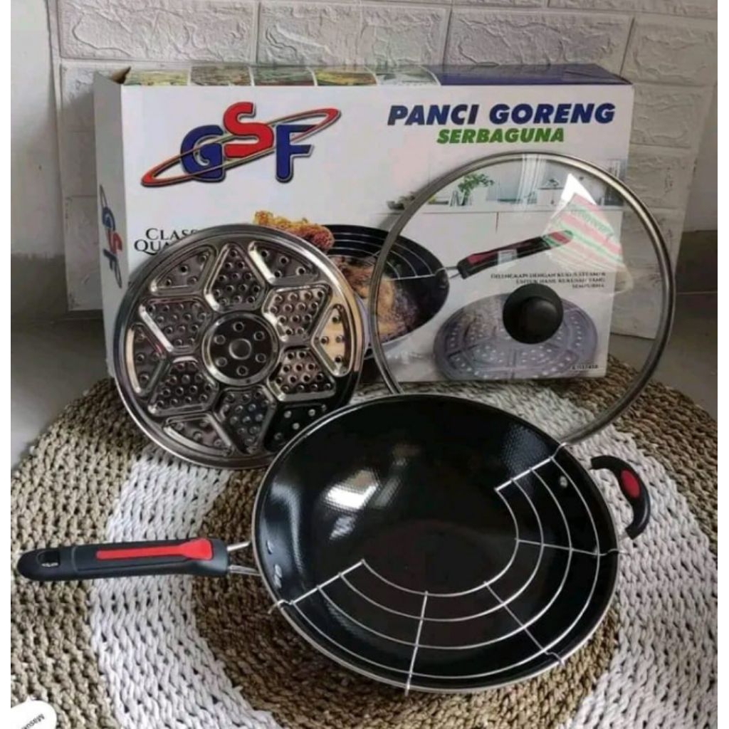 kuali gsf tutup kaca+saringan peniris minyak,+saringan kukusan