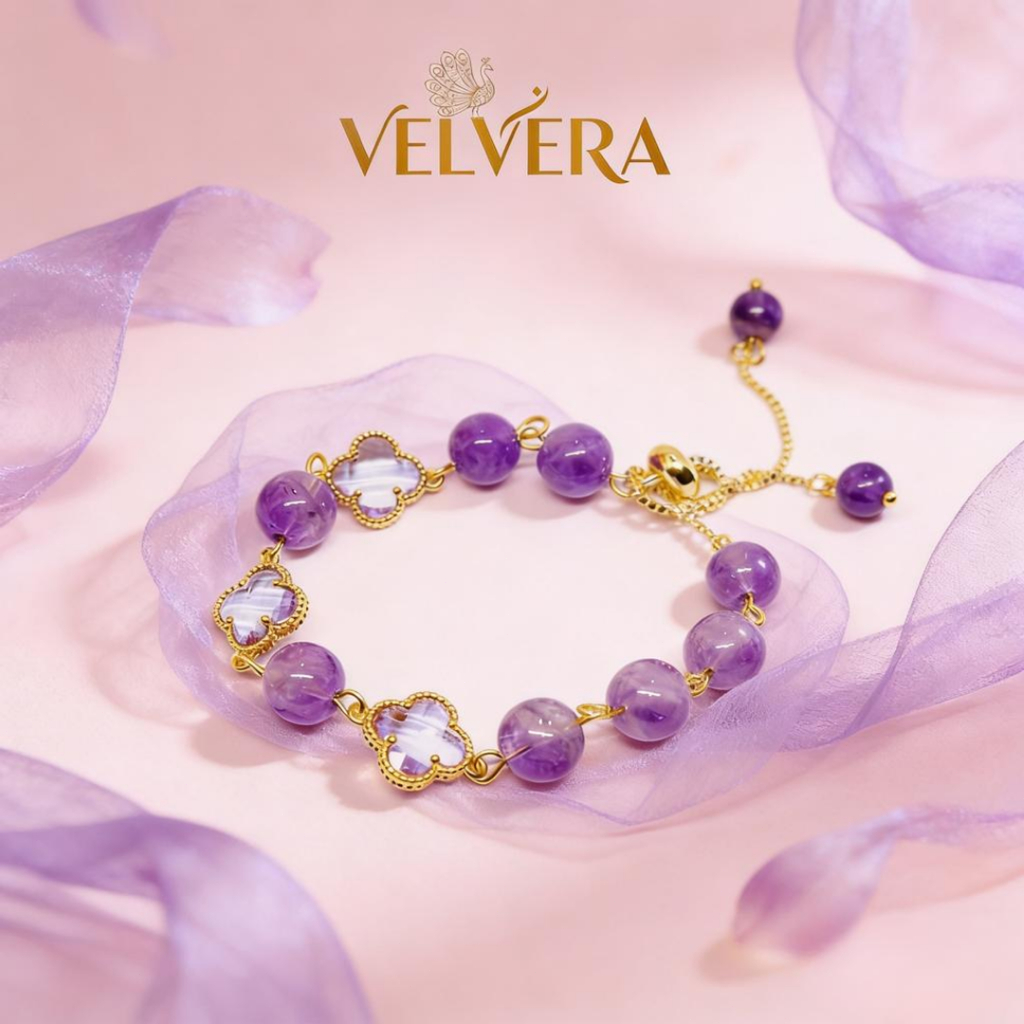 VELVERA Perhiasan Crystal Swarovski Purple Amethyst & Gold Four Leaf Clover Pendant | Gelang Batu Ke