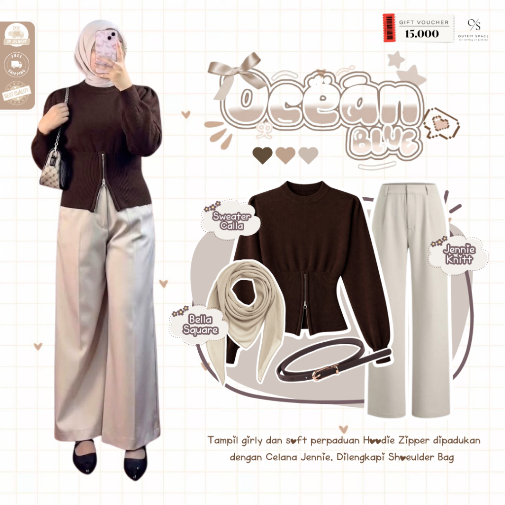 One Set Kekinian Remaja Stylish  | Bella Square + Sweater Calla + Celana Knitt | One Set Outfit Rema
