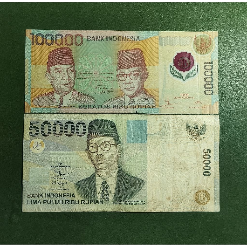 paket 2 lembar uang kuno 100&50 rb thn 90 kondisi bekas beredar original asli