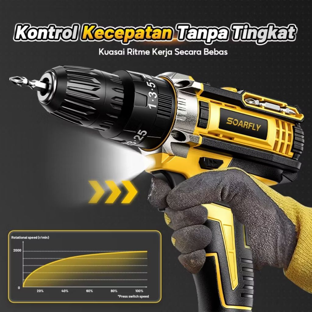 Soarfly 20V Bor Listrik Tanpa Kabel dengan Motor Tanpa Sikat