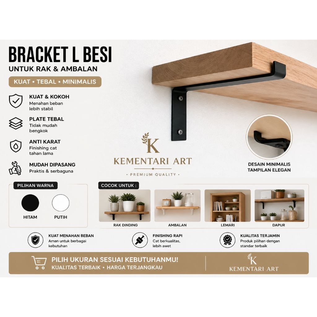 bracket siku besi penyangga rak tempel dinding / besi siku pangkon rak ambalan ukuran 25cm - 40cm