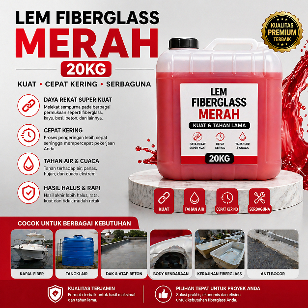 Lem Fiberglass Merah 20 Kg Baru Waterproofing Lapisan Kapal Rumah Tembok Lantai Anti Bocor Serat Fib