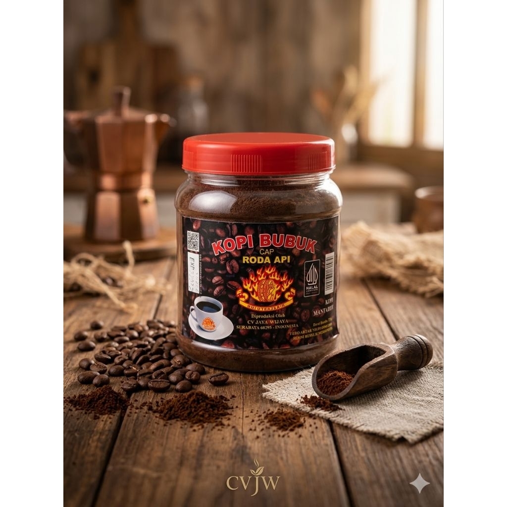 Kopi Bubuk Cap Roda Api Asli Surabaya - Kopi Hitam Mantap & Harum (Kemasan Toples)