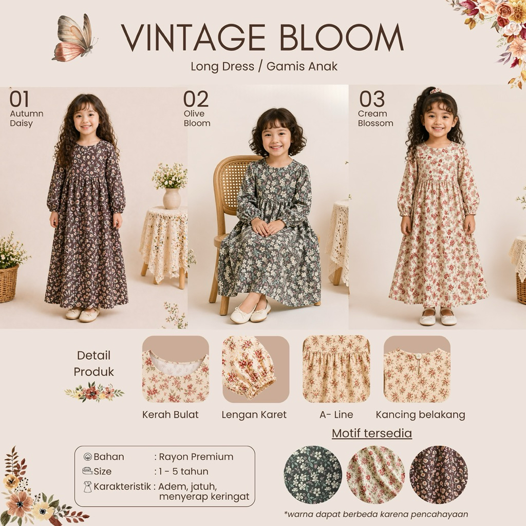 VINTAGE BLOOM - LONG DRESS ANAK / GAMIS ANAK